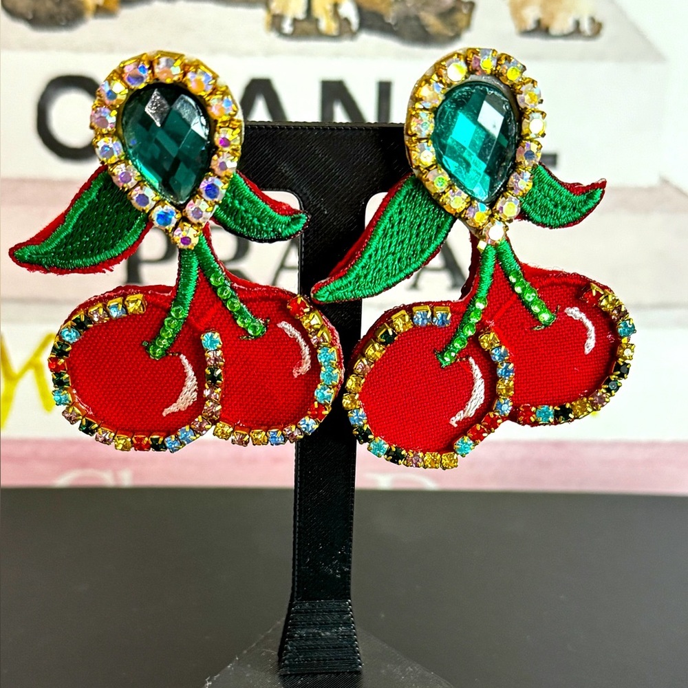 Cherry Statement Earrings Rhinestone Crystal Frui… - image 1